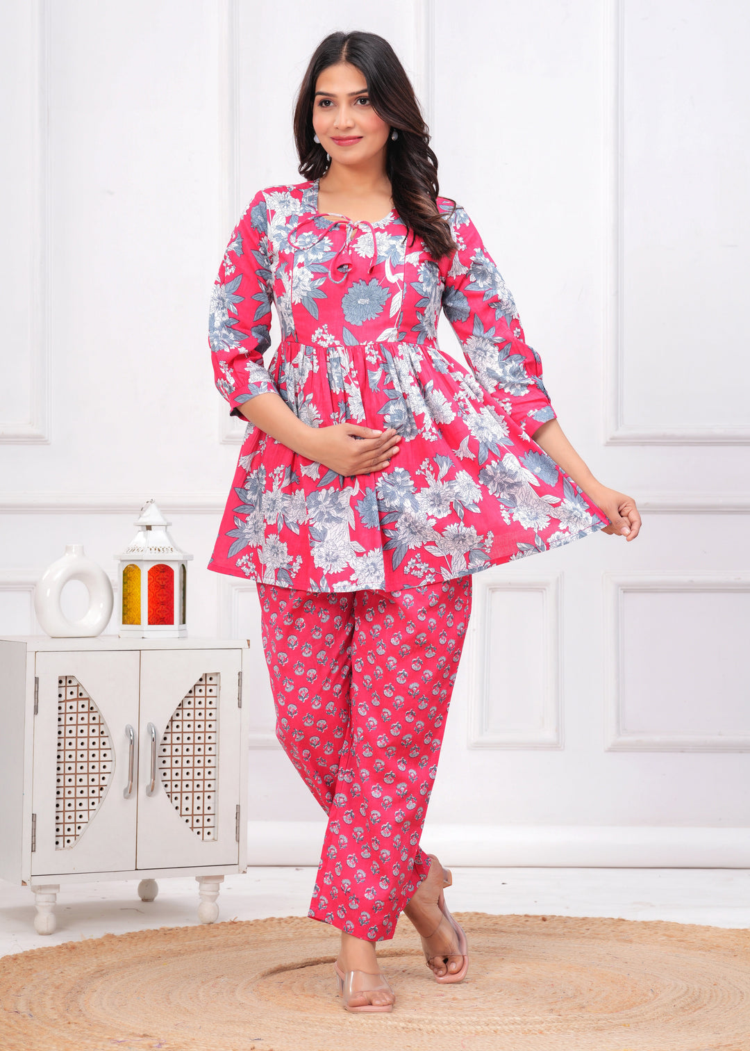 Pink & White Cotton Floral Print Maternity Co-Ord Set