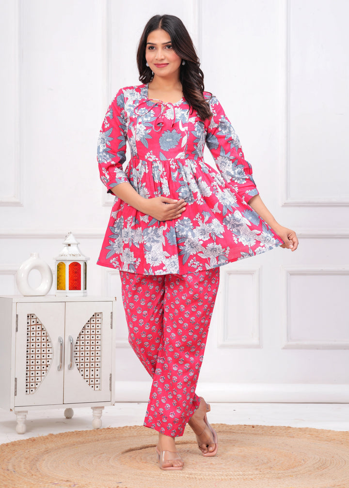 Pink & White Cotton Floral Print Maternity Co-Ord Set
