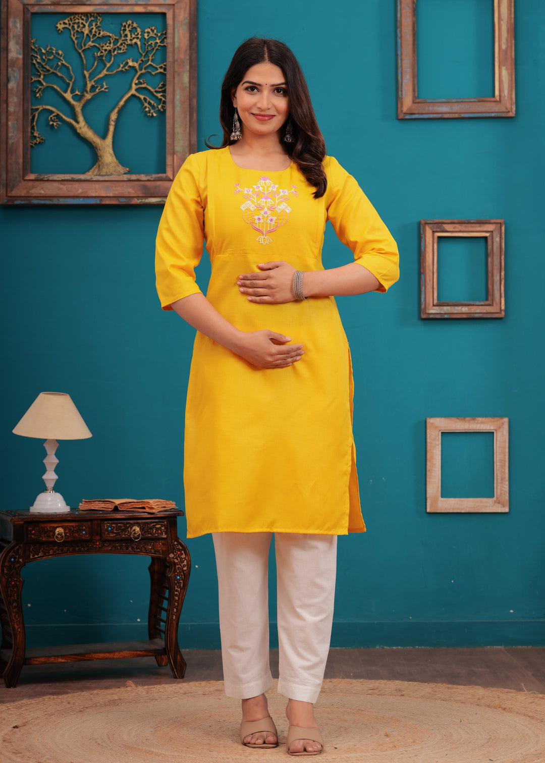 Yellow Cotton Blend Maternity Kurta
