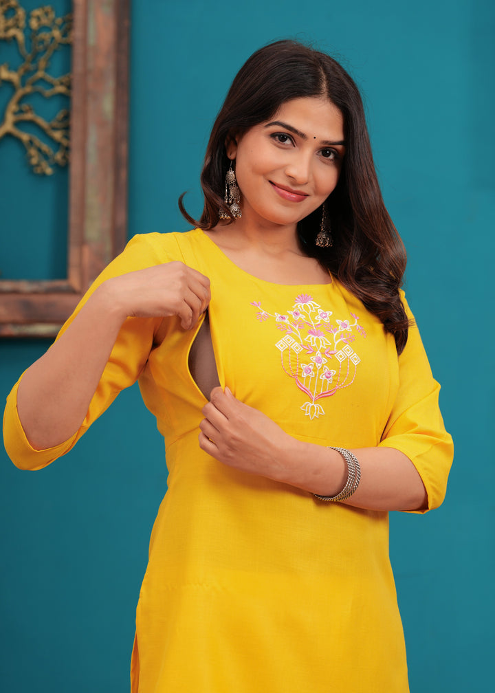 Yellow Cotton Blend Maternity Kurta