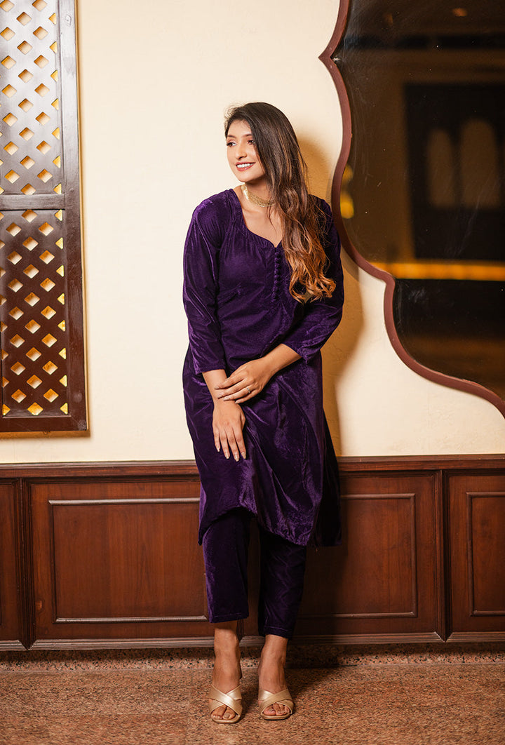 ZERESOUQ-Purple-Velvet-Solid-Co-ord-Set