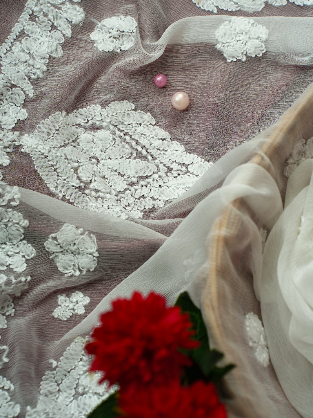 White Chiffon Embroidered Embellished Chikankari Dupatta