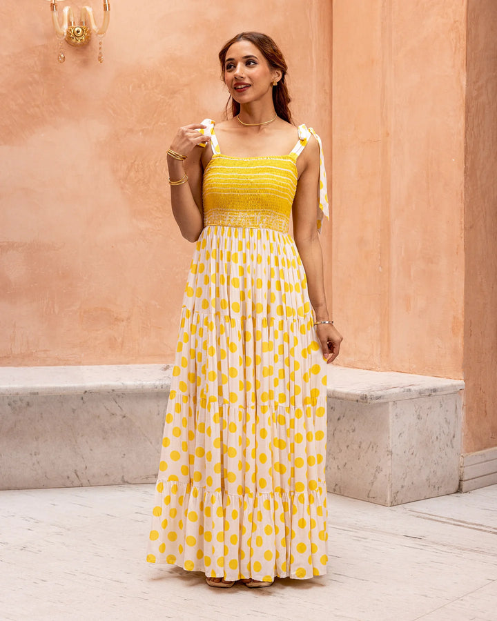 Yellow-Rayon-Smocked-&-Polka-Maxi-Dress