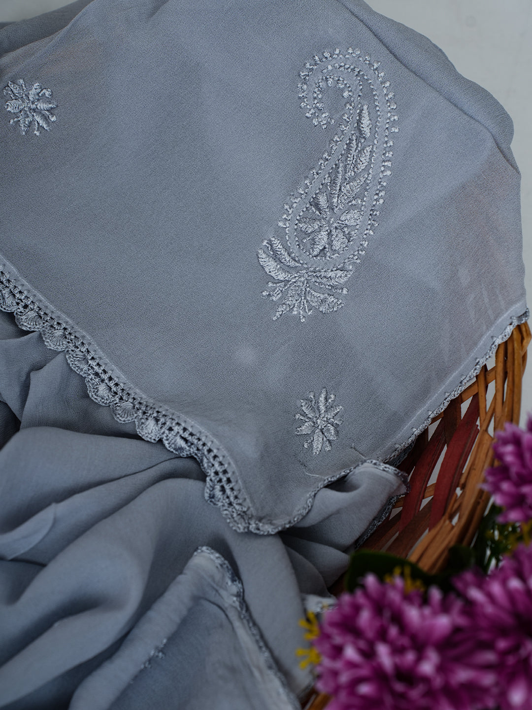 Dupatta - Grey Viscose Georgette Chikankari Carry Stole
