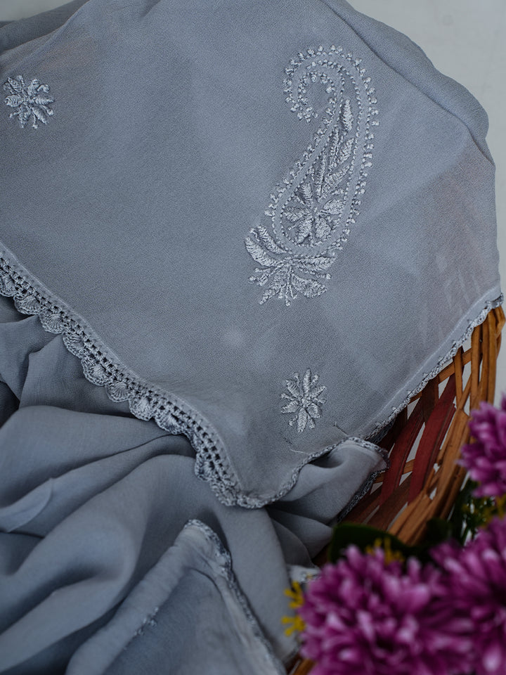 Dupatta - Grey Viscose Georgette Chikankari Carry Stole