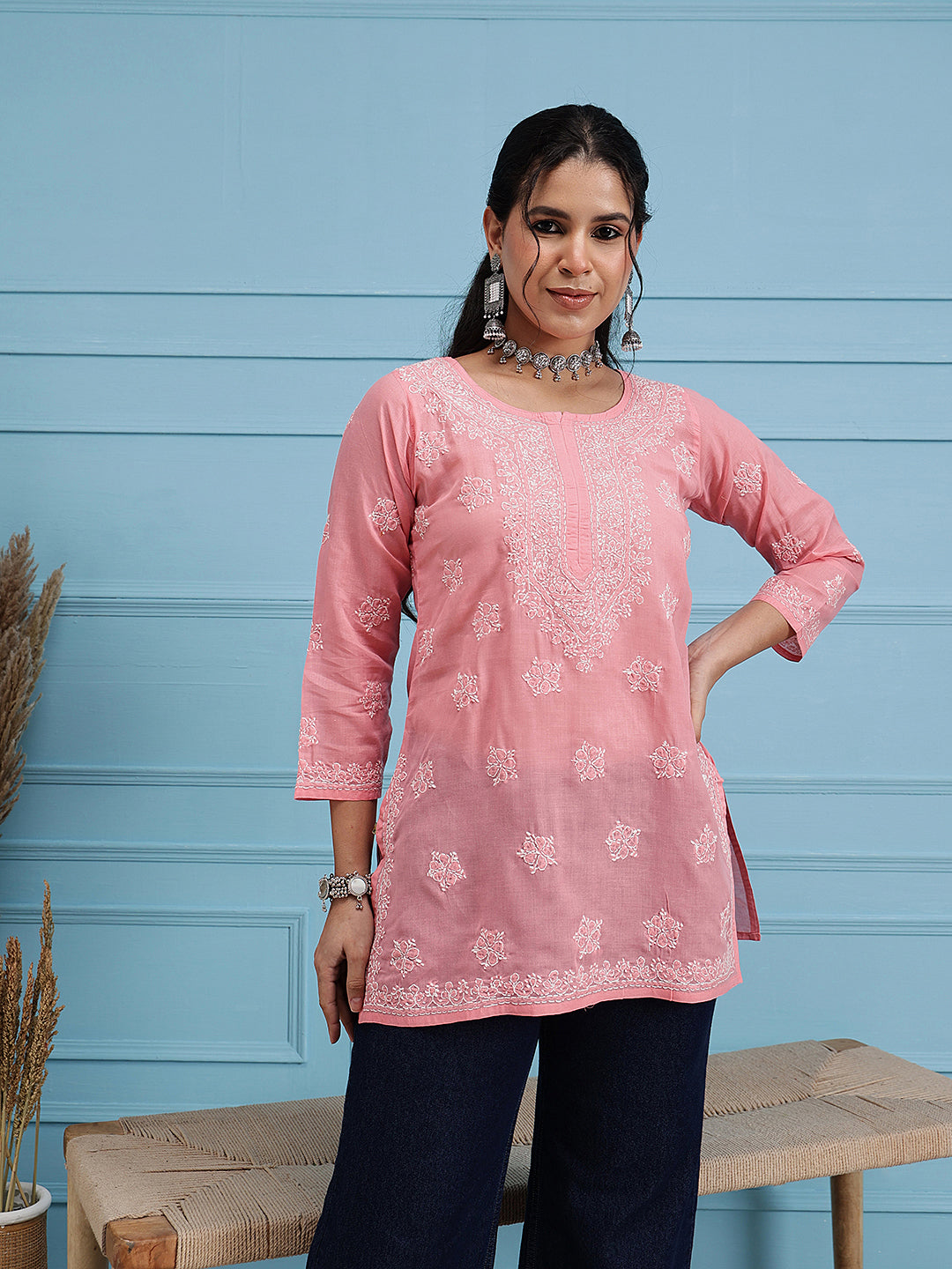 Peach & White Floral Bale Booti Chikankari Tunic Top