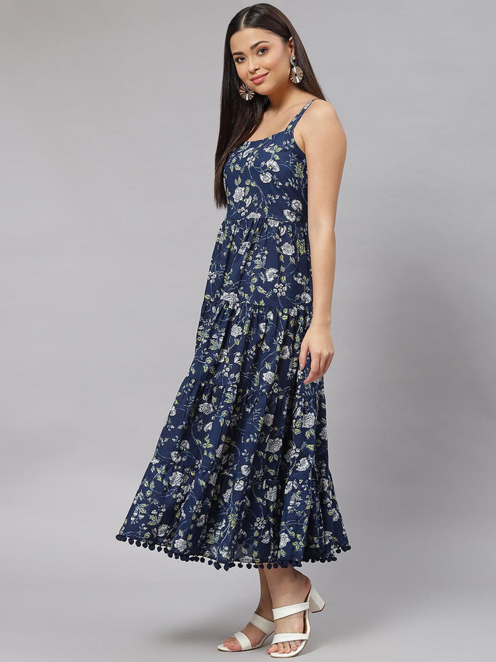 Blue-Pure-Cotton-Floral-Shoulder-Strip-Long-Dress