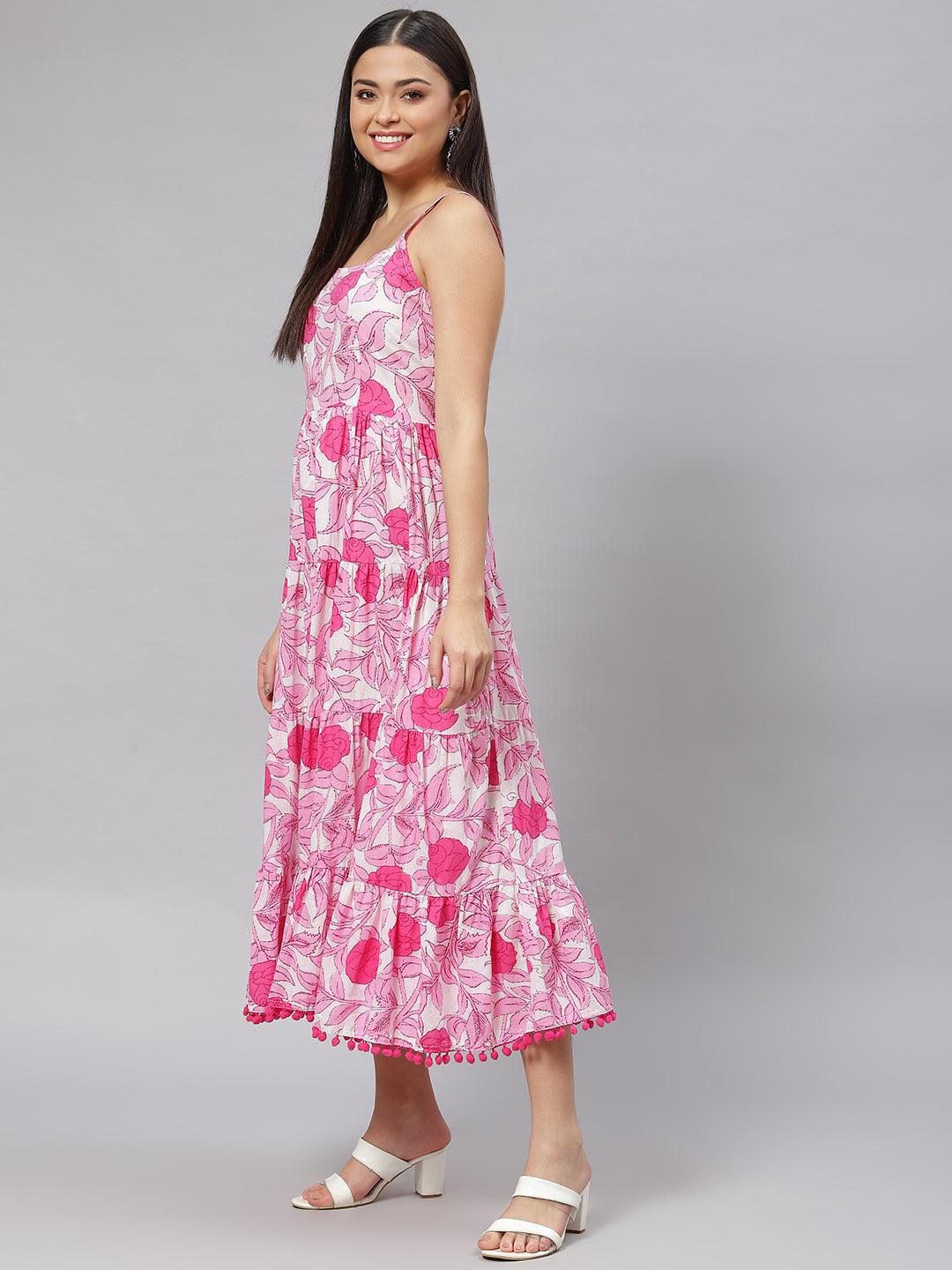 White-&-Pink-Pure-Cotton-Floral-Shoulder-Strip-Long-Dress