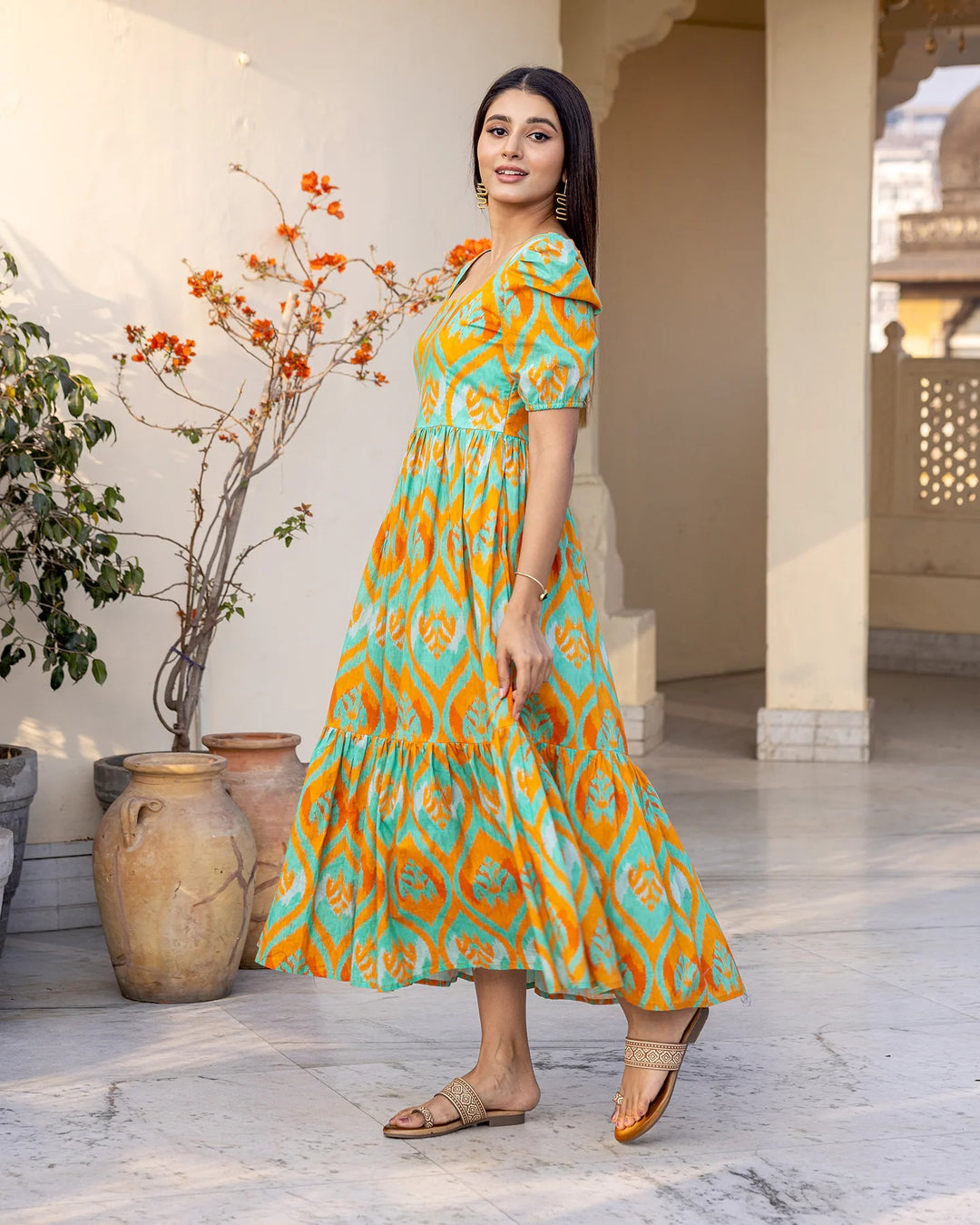 Teal-Green-Cotton-Ikat-Maxi-Dress