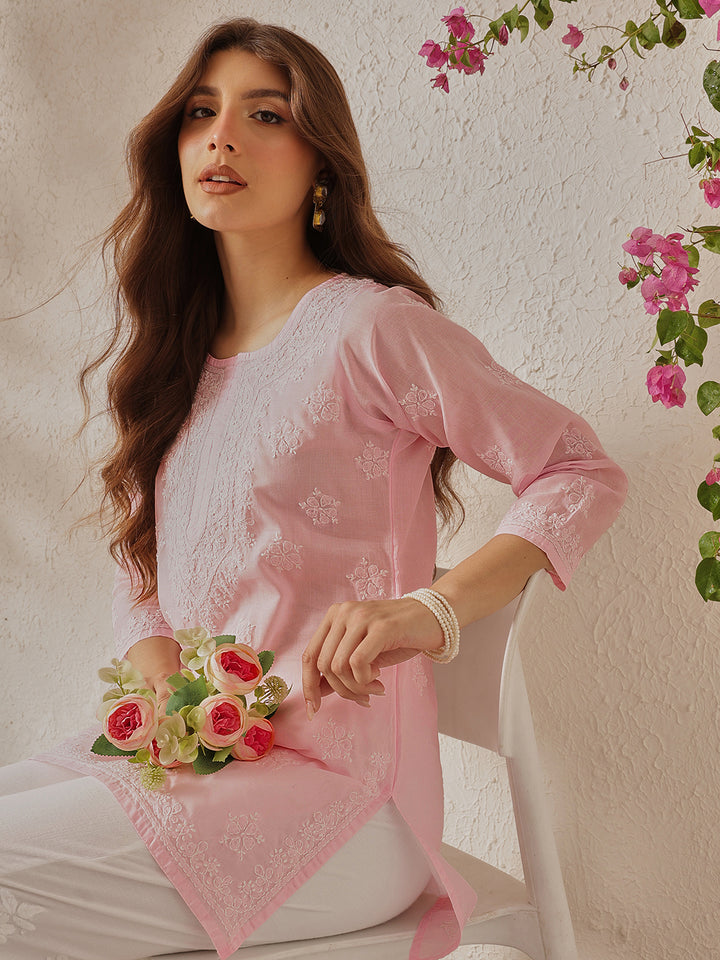 Pink Cotton Chikankari Tunic Kurti