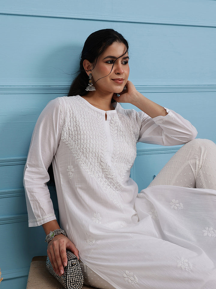 White Cotton Artisan Embroidered Chikankari Kurta