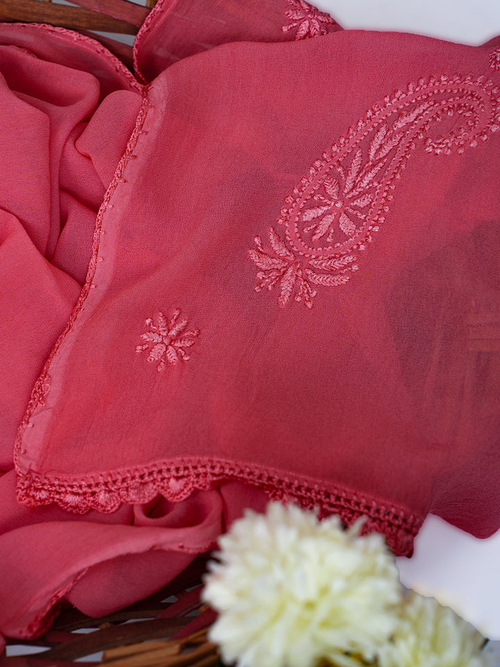 Dupatta - Pink Viscose Georgette Chikankari Carry Stole