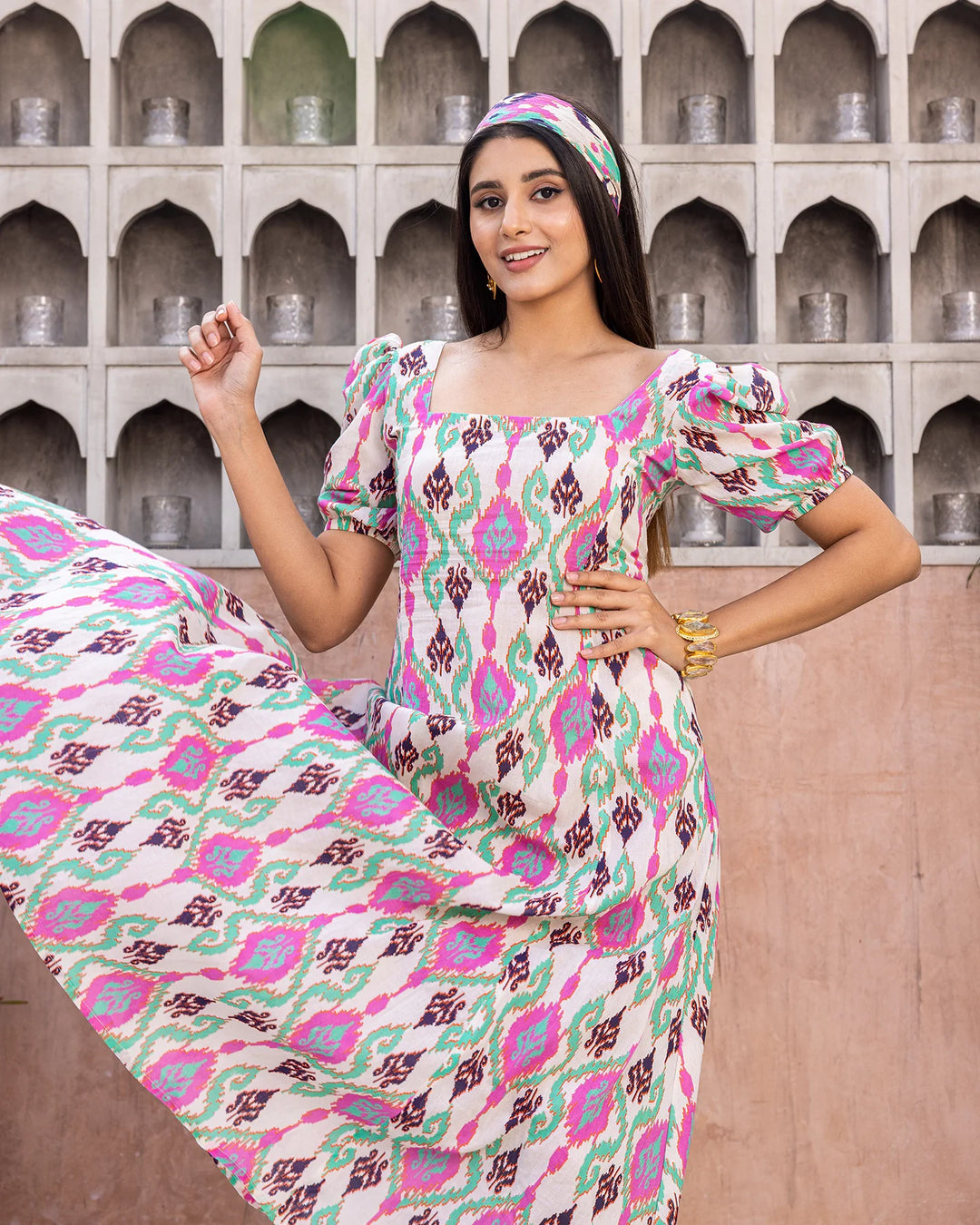 White-Cotton-Ikat-Midi-Dress