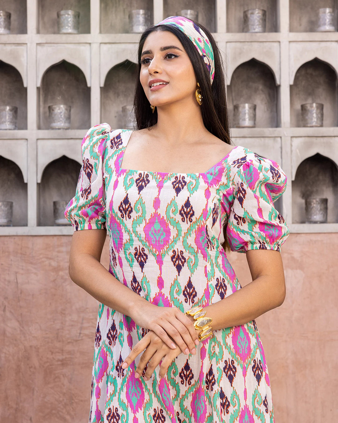 White-Cotton-Ikat-Midi-Dress
