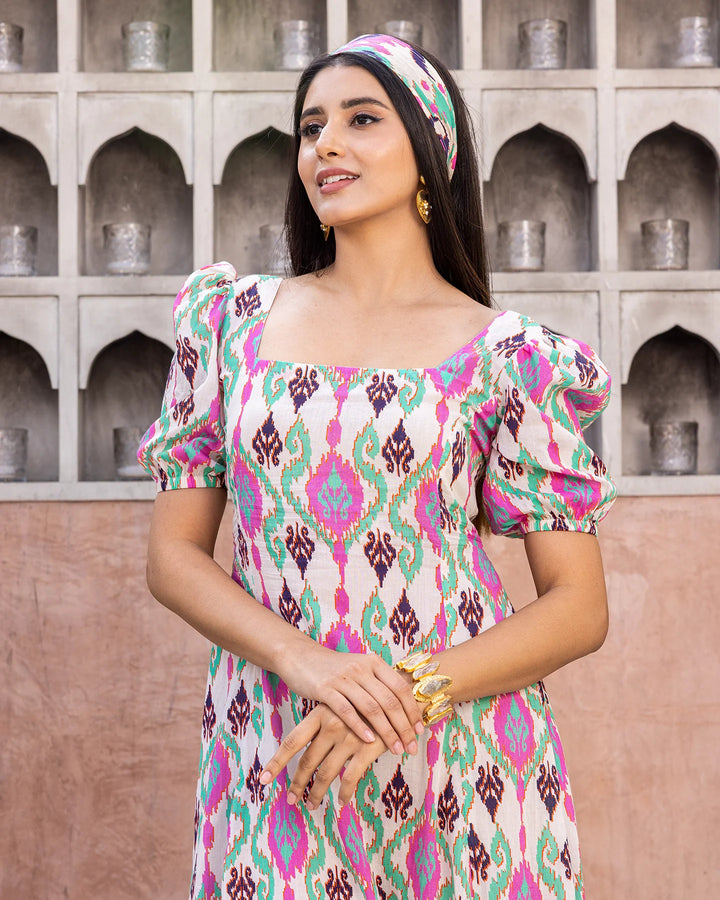 White-Cotton-Ikat-Midi-Dress