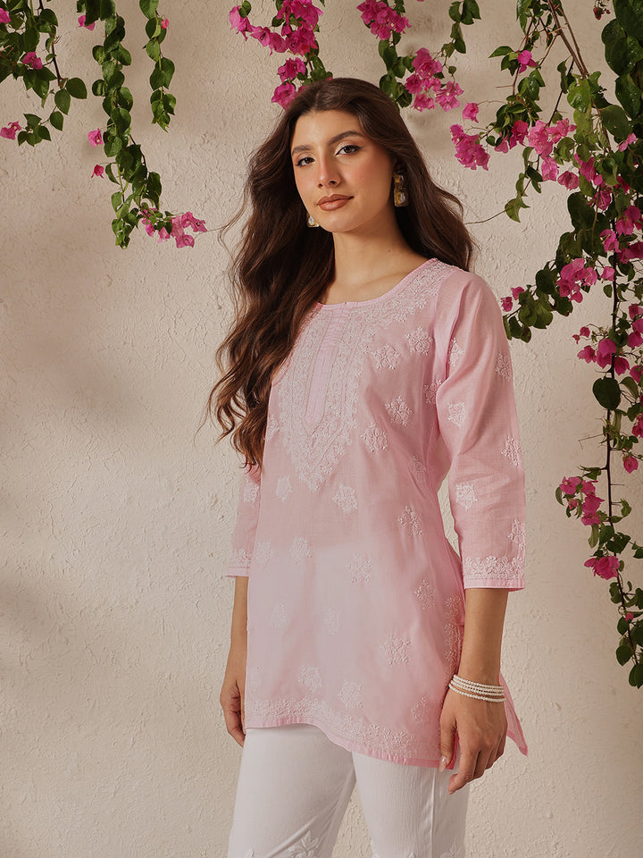 Pink Cotton Chikankari Tunic Kurti