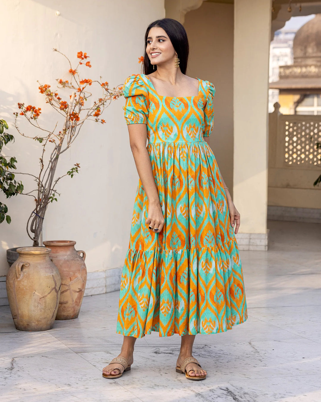 Teal-Green-Cotton-Ikat-Maxi-Dress