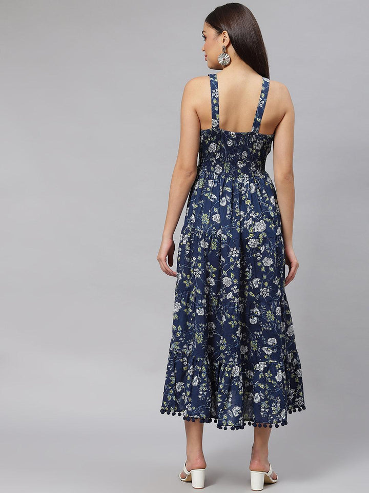 Blue-Pure-Cotton-Floral-Shoulder-Strip-Long-Dress