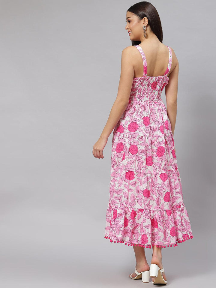 White-&-Pink-Pure-Cotton-Floral-Shoulder-Strip-Long-Dress
