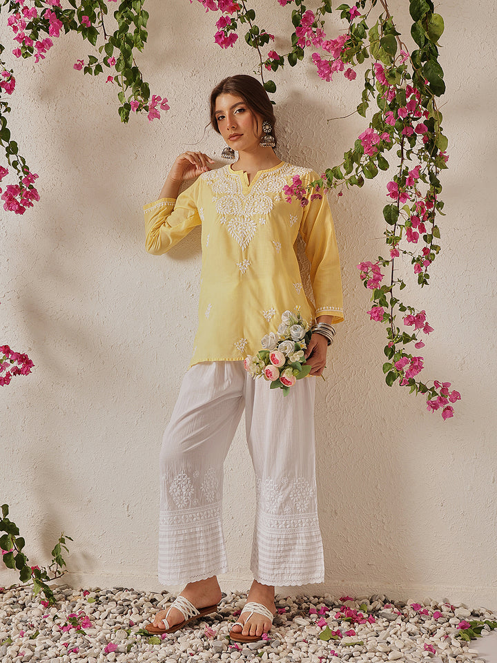 White Cotton Chikankari Straight Palazzo