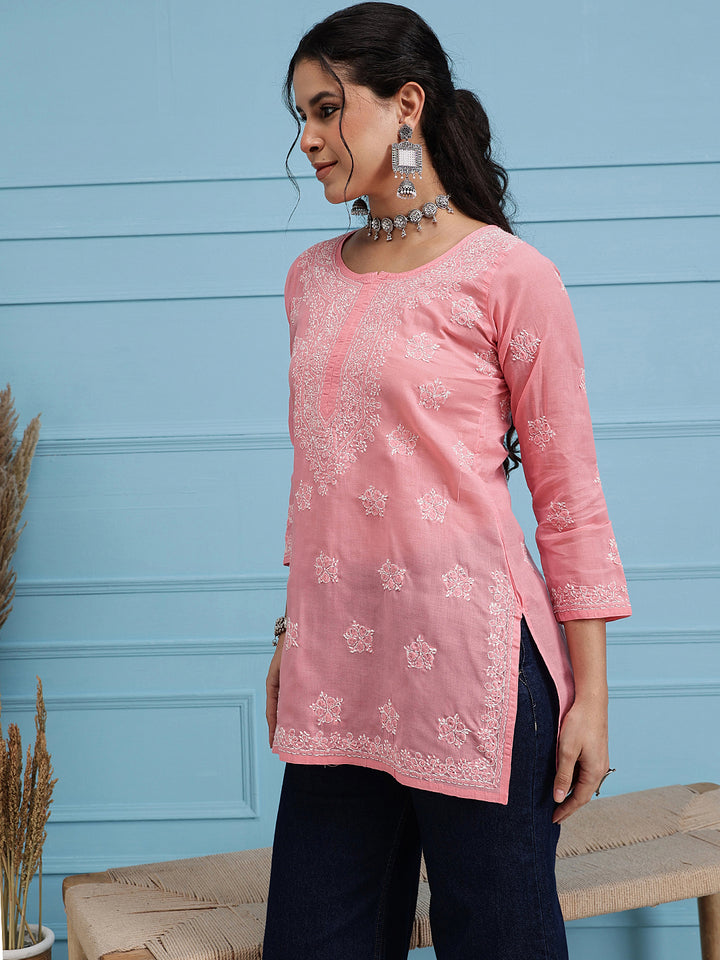 Peach & White Floral Bale Booti Chikankari Tunic Top