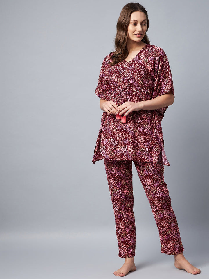 Maroon Floral Printed Kaftan Set