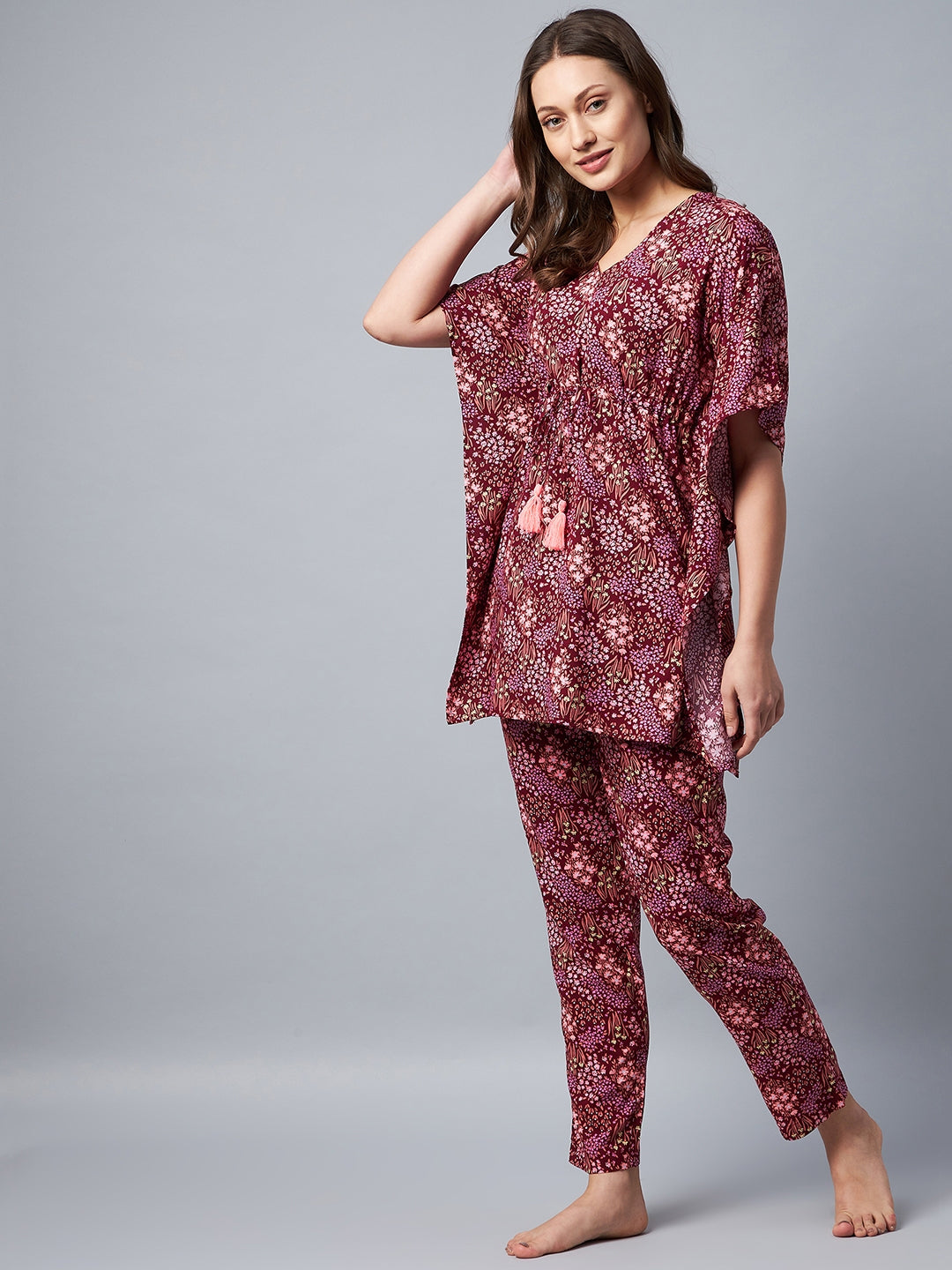 Maroon Floral Printed Kaftan Set
