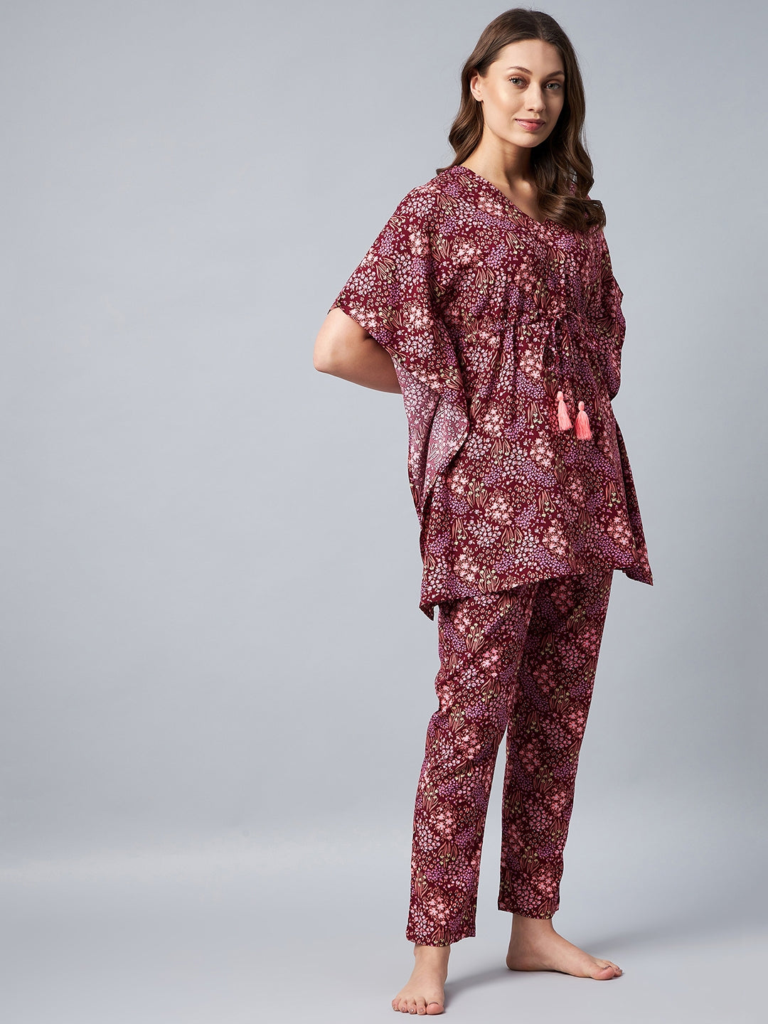 Maroon Floral Printed Kaftan Set