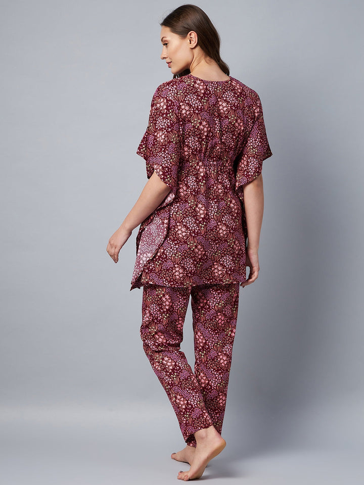 Maroon Floral Printed Kaftan Set