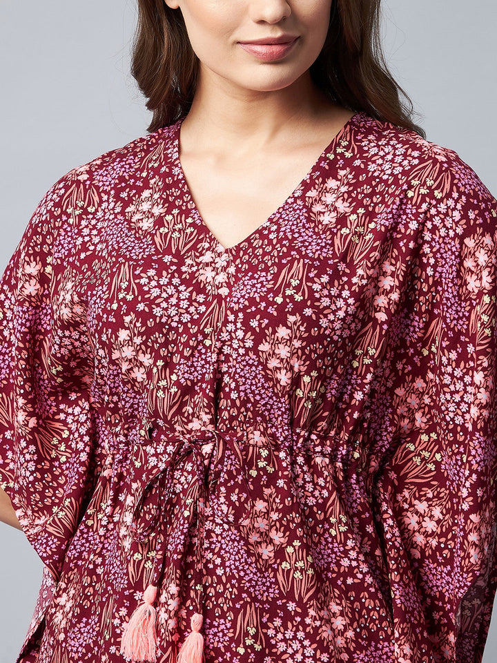 Maroon Floral Printed Kaftan Set