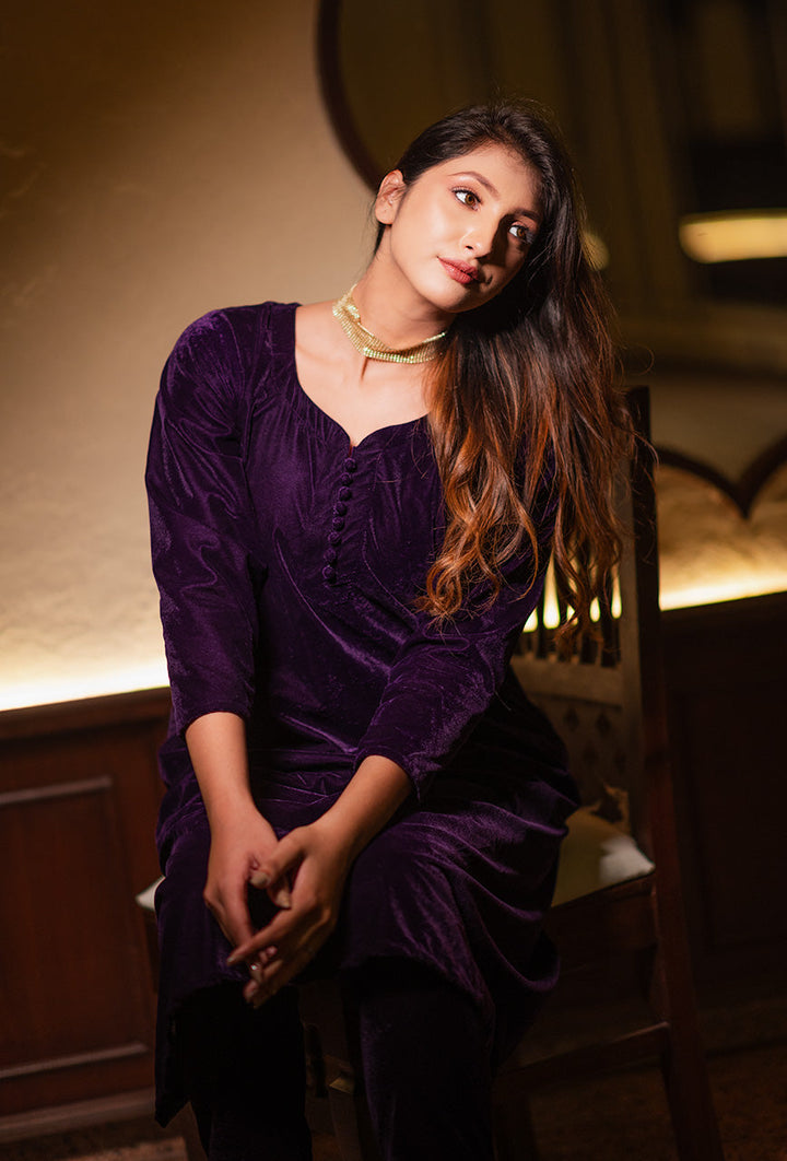 ZERESOUQ-Purple-Velvet-Solid-Co-ord-Set