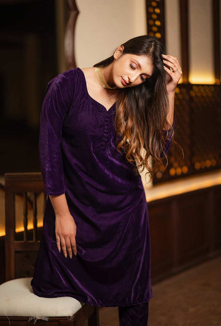 ZERESOUQ-Purple-Velvet-Solid-Co-ord-Set
