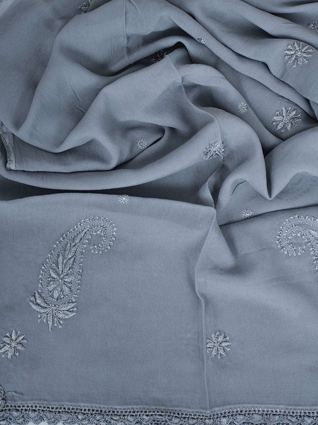 Dupatta - Grey Viscose Georgette Chikankari Carry Stole