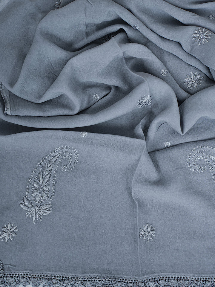 Dupatta - Grey Viscose Georgette Chikankari Carry Stole