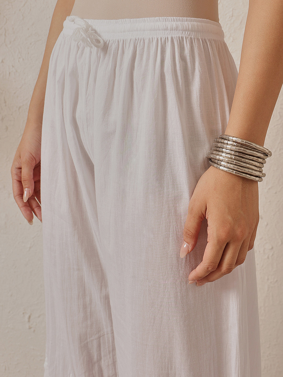 White Cotton Chikankari Straight Palazzo