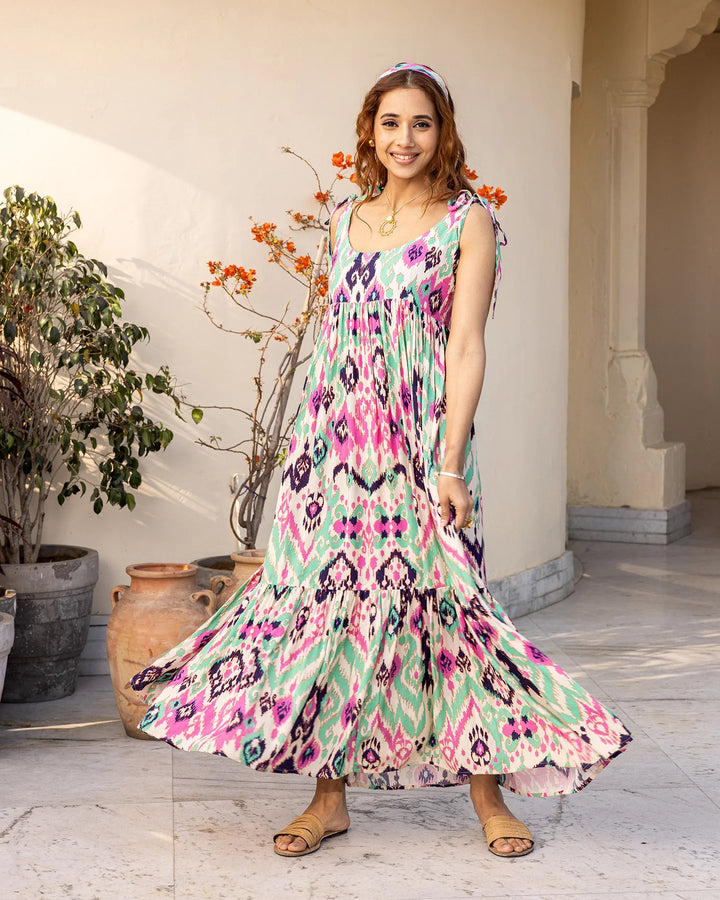 Multicolor-Rayon-Multi-Hued-Ikat-Maxi-Dress
