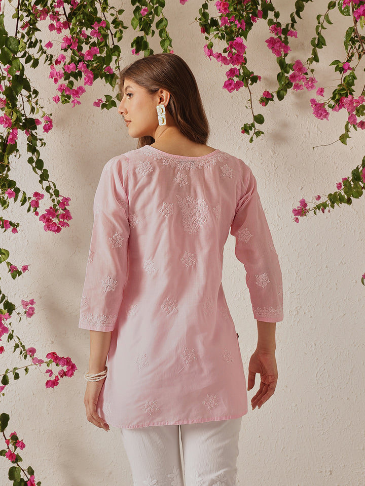 Pink Cotton Chikankari Tunic Kurti