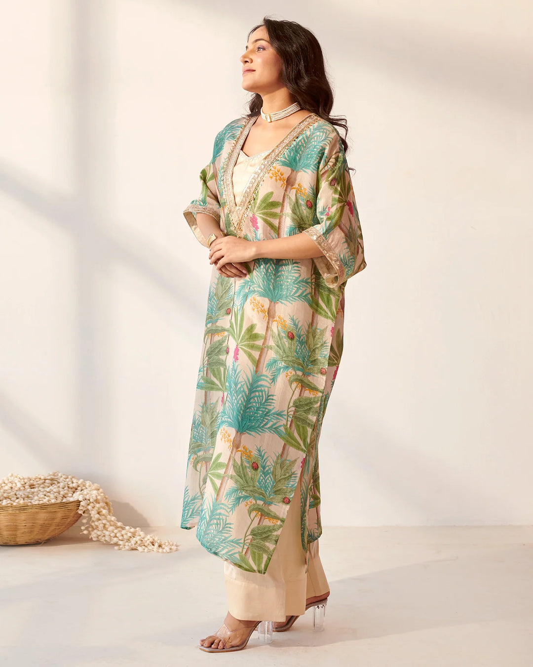 Cream-&-Multicolor-Tissue-Foliage-Print-Kaftan-Set