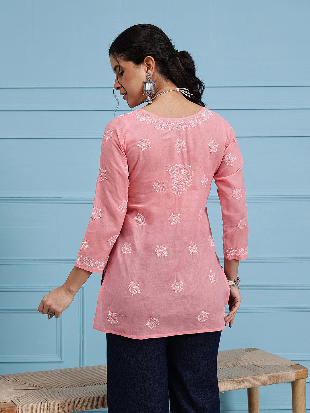 Peach & White Floral Bale Booti Chikankari Tunic Top