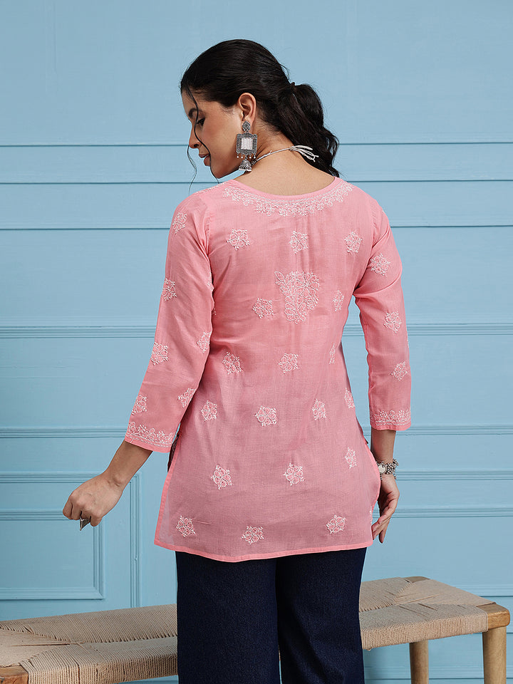 Peach & White Floral Bale Booti Chikankari Tunic Top