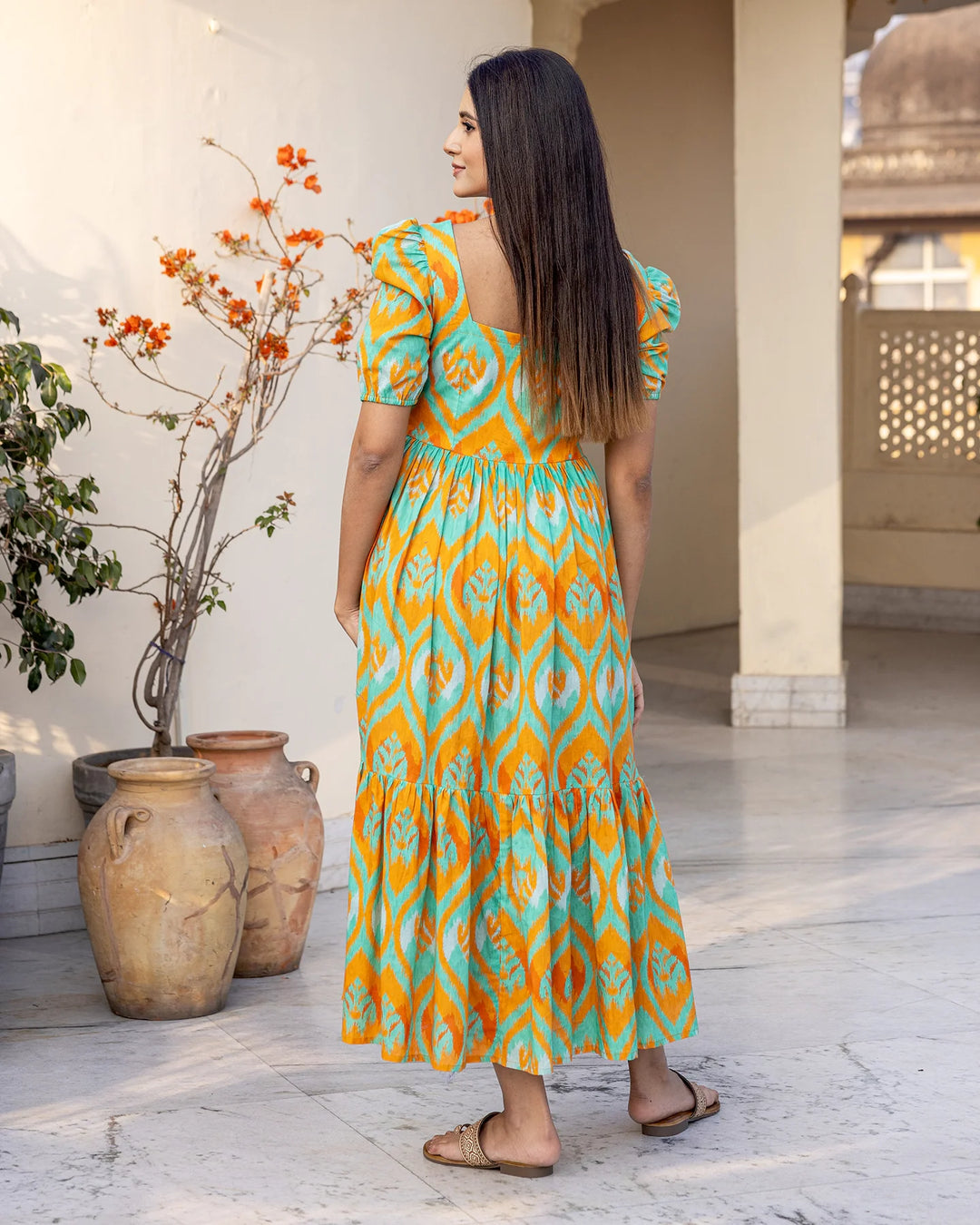 Teal-Green-Cotton-Ikat-Maxi-Dress