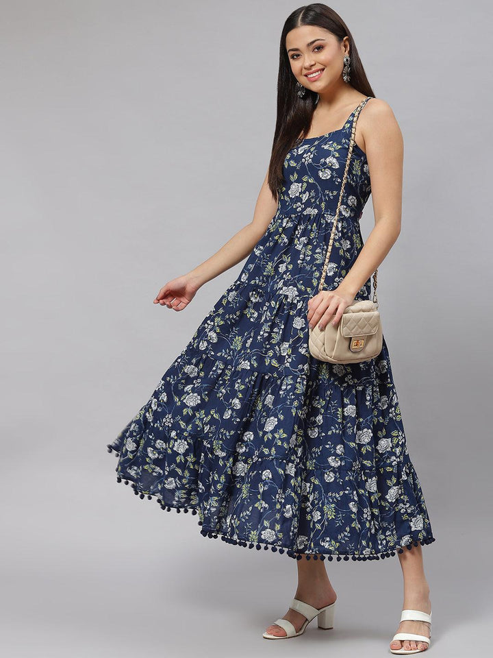 Blue-Pure-Cotton-Floral-Shoulder-Strip-Long-Dress