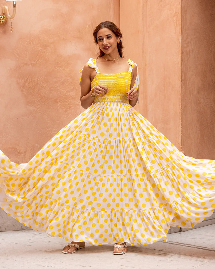 Yellow-Rayon-Smocked-&-Polka-Maxi-Dress