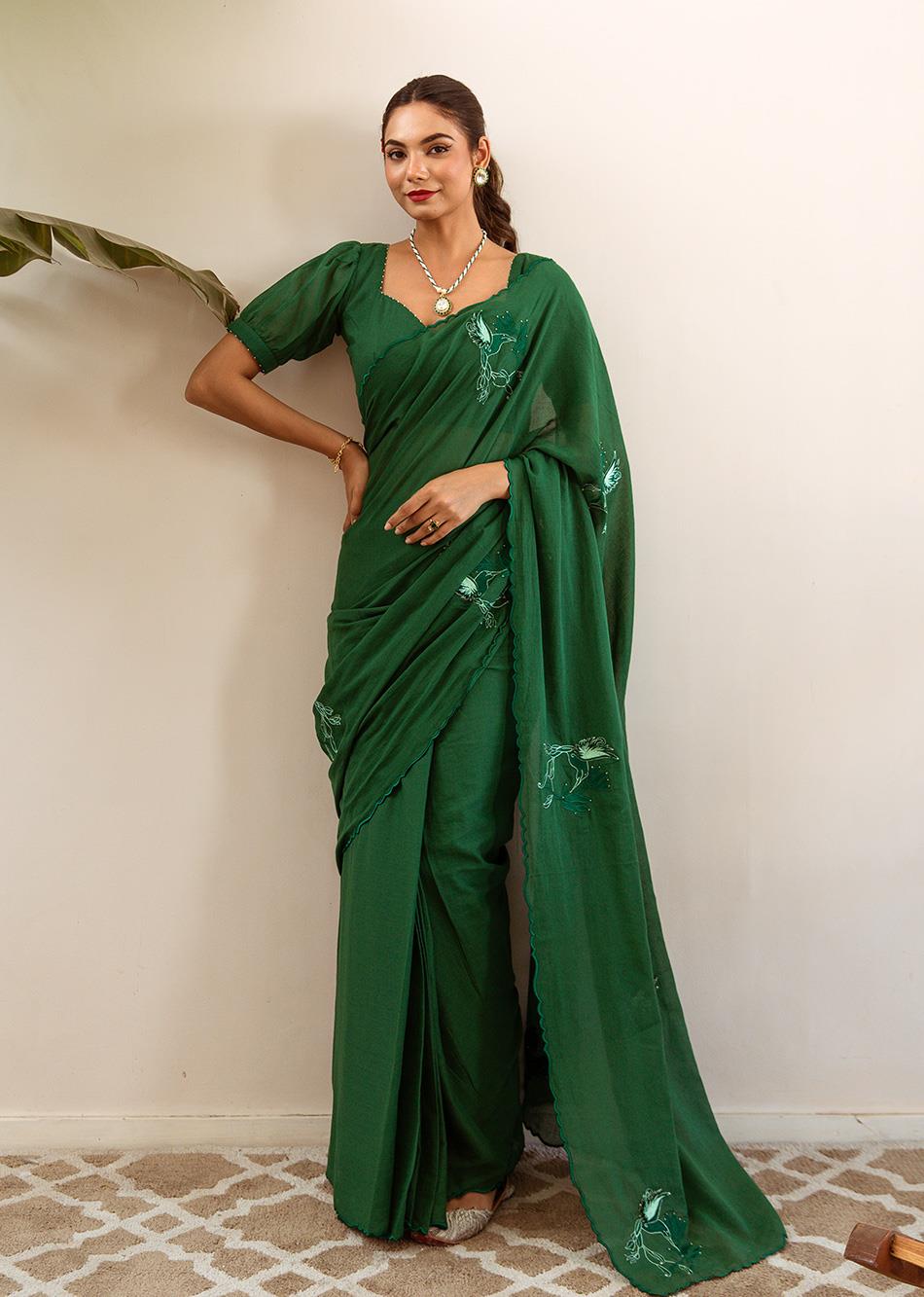 6-Yards-Of-Love-Emerald-Green-Mulmul-Embossed-Embroidered-Saree