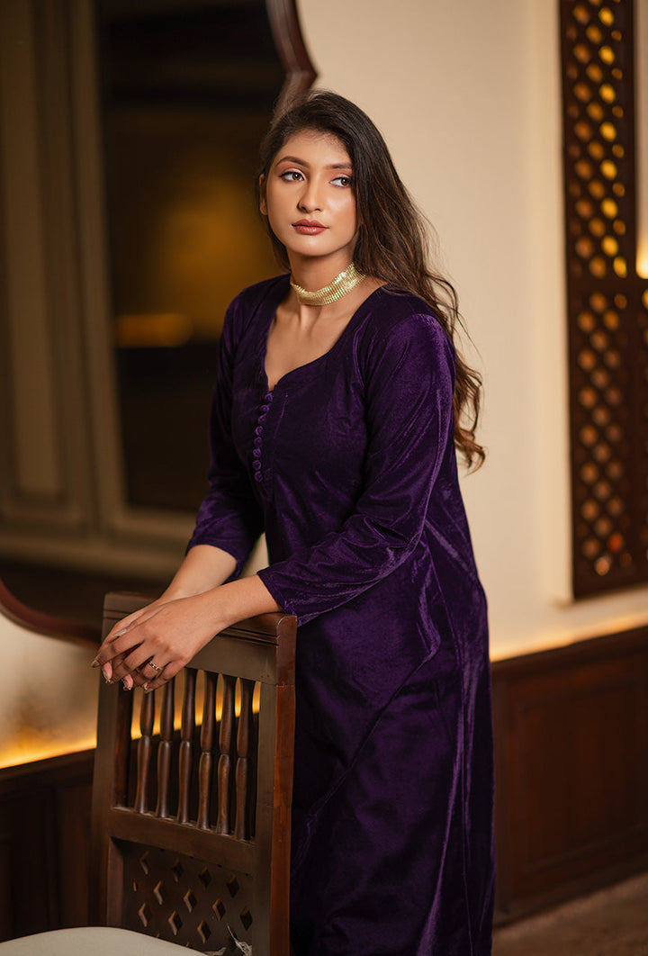 ZERESOUQ-Purple-Velvet-Solid-Co-ord-Set