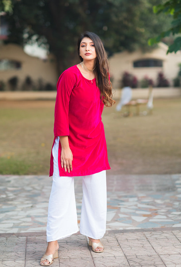 ZERESOUQ-Pink-Velvet-Solid-2-Piece-Kurta-Set