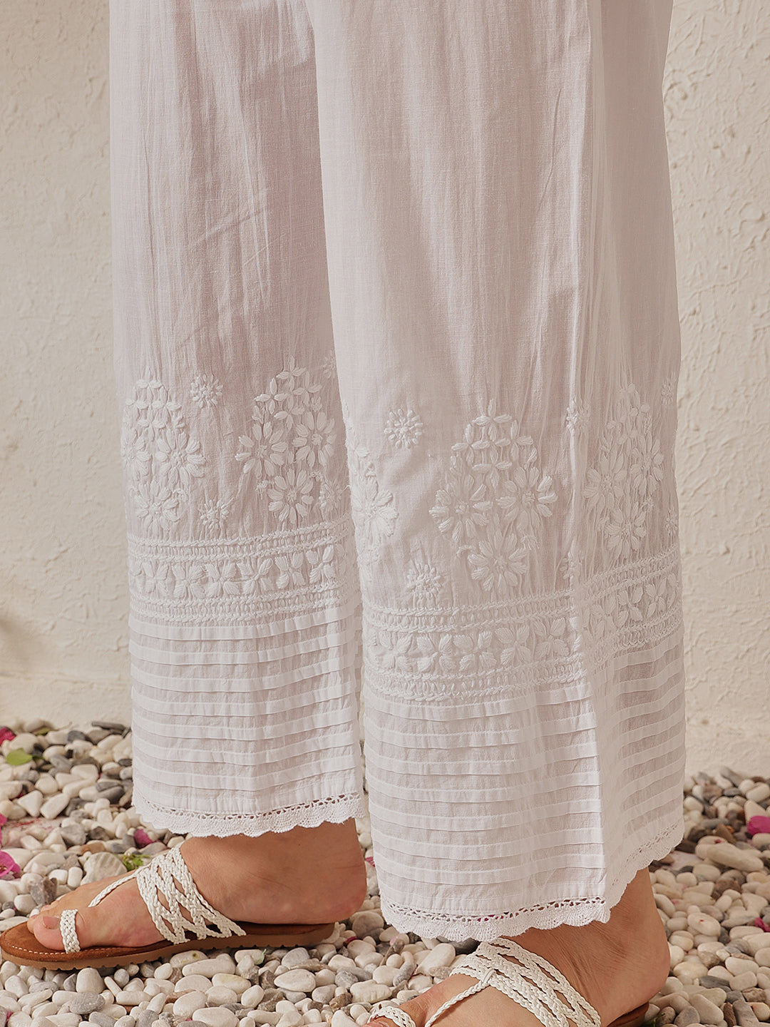 White Cotton Chikankari Straight Palazzo