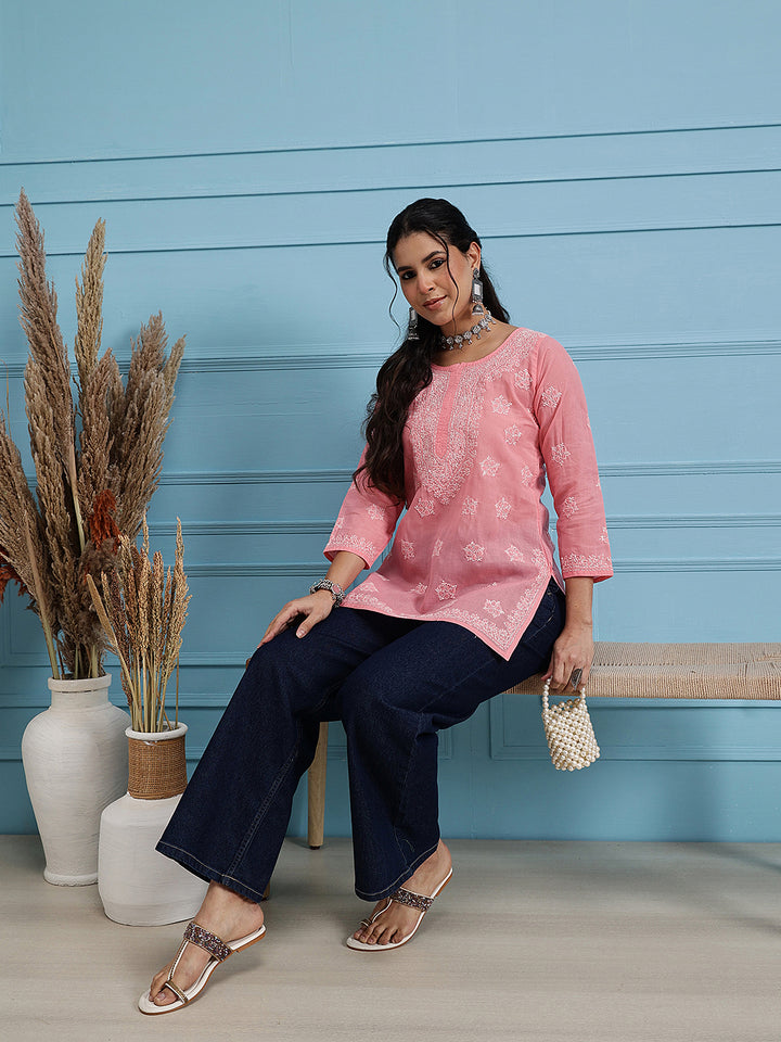 Peach & White Floral Bale Booti Chikankari Tunic Top