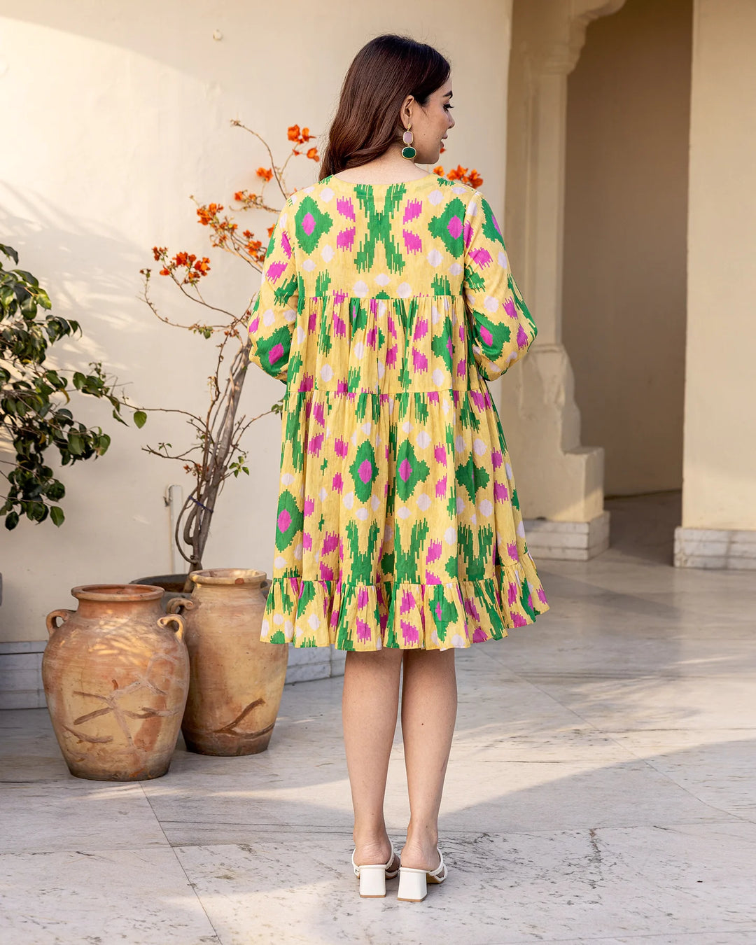 Pastel-Yellow-Cotton-Tiered-Ikat-Mini-Dress
