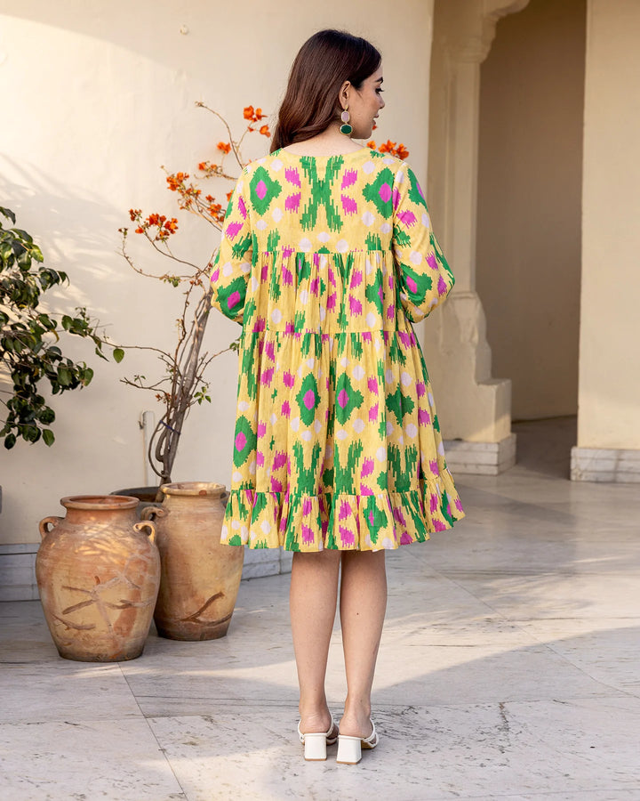 Pastel-Yellow-Cotton-Tiered-Ikat-Mini-Dress